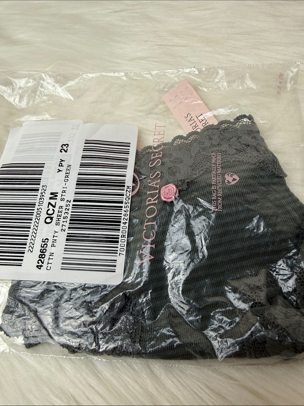 NWT Victoria's Secret Green Cotton Sheer Stripe & Lace Thong with Pink Rose Sz M